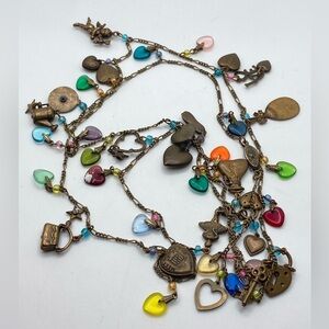 Vtg Glass Works Studio Ltd GWS Brass & Glass Charm Necklace Extra Long 44”